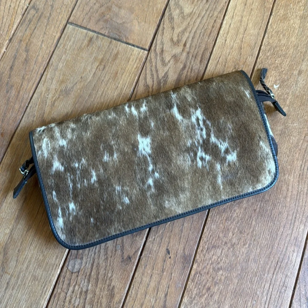 Cowhide Zip Cosmetic Pouch - Brown and White